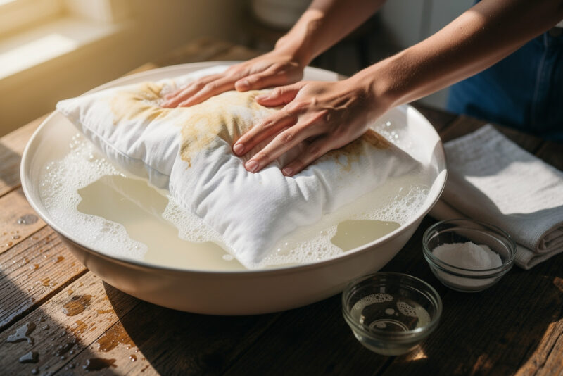Comment laver à la main un oreiller en plumes jauni ?